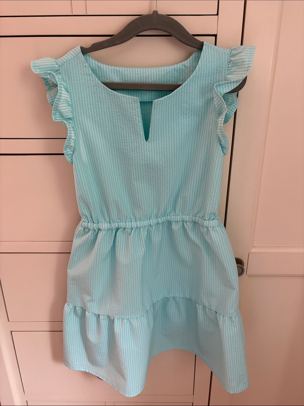 Vineyard Vines Aqua Ruffle Sleeve Tiered Dress